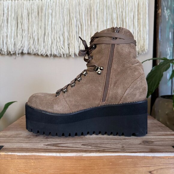 Jeffrey Campbell Tan Genuine Suede Leather Hiking Lug Sole Platform Wedge Boots - Picture 8 of 14